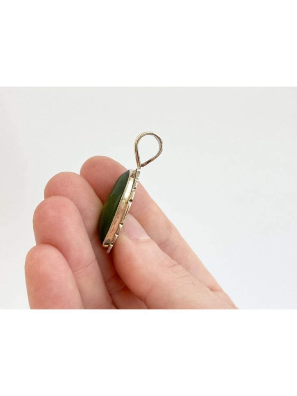 Natural Green Nephrite Gemstone Jumbo Sterling Silver Vintage 925 Pendant - Picture 5 of 11